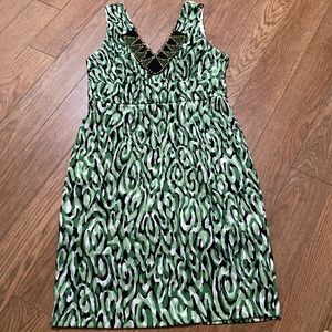 Green, Black,and White Dress with a Wooden Bead Accented Collar.